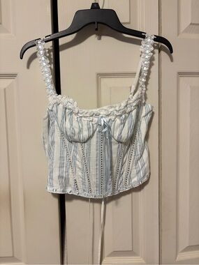 Lacemade- Blue & White Stripe Lace-Trim Cami Top